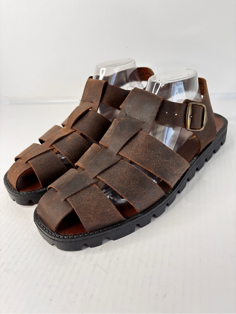 Northwest Territory Brown Leather Fisherman Sandals Mens Sz 10 Woven Rugged Sole - Picture 13 of 16